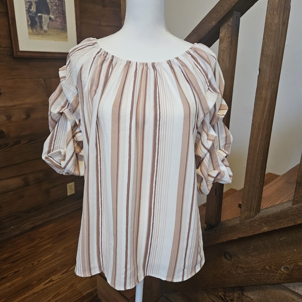 Annebiege Chic Striped Ruffle Sleeve Blouse